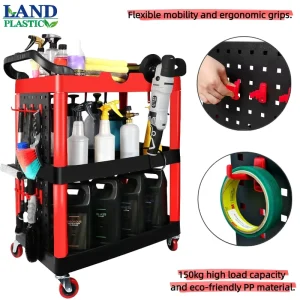 Durable PP Recycled Foldable Utility Cart with Detachable 3 Level Storage Rack Drink Holders for Office Workspace Organization