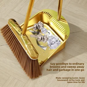 Durable Stainless Steel Broom and Serrated Gold Dustpan Set for Indoor and Outdoor Cleaning
