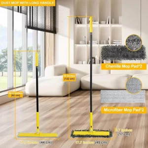 Dust Mop with Unique 90° Foldable Panel Long Handle Wet Dry Flat Floor Duster Broom Laminate