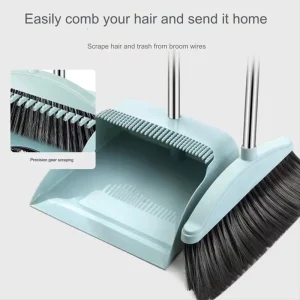Dustpan Broom Set with Floor Wiper and Long Handle Blue