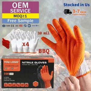 EN374 AQL1.5 BBQ Prep Nitrile Gloves Orange Diamond Grip 8mil 10mil 4 Cotton Gloves E Commerce Ready Retail