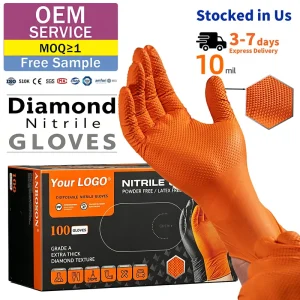 EN374 Chemical-Resistant Orange Diamond-Grip Nitrile Gloves 10mil 8mil Epoxy Resin Painting Heavy Duty