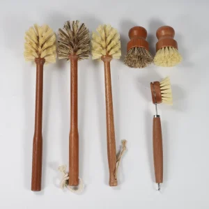 Ebony Wood Long Bottle Dish Brush and Short Scrubber Head Set with Detachable Hook Rope