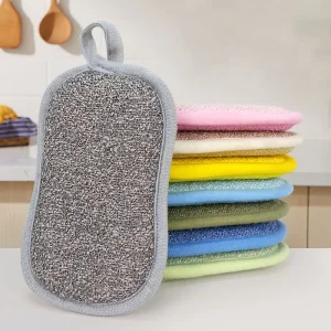 Eco-Friendly Double-Sided Microfiber Sponge Scouring Pad with Hanging Design for Kitchen Dishwashing