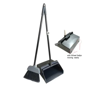 Ecoclean Small Middle Foldable Home Lobby Floor Metal Handle Cleaning Plastic Broom Dustpan with Wheel