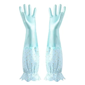 Elastic Cuff PVC Reusable Waterproof Kitchen Gloves Ruffled Edge Design Durable Oil Resistant Dishwashing Gloves