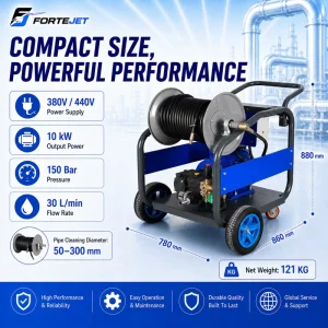 Electric Reel Hydro Jetting Machine 150Bar 30L/min Pipe Cleaner Sewer Jetter for 2-12 Inch Drain