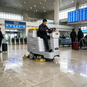 Electric Ride-On Floor Scrubber Battery-Operated Cleaning Machine for Logistics Centers