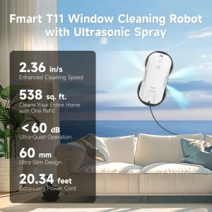 Electric Robotic Window Cleaner with Deep Spot Cleaning Mode, Slim Design, 4-Nozzle Ultrasonic Mist, 2600-3800Pa Suction, and Smart Path for Car and RV