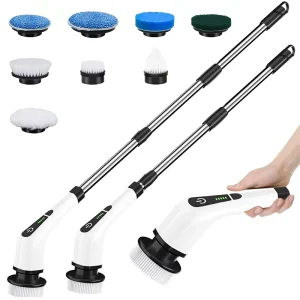 Electric Spin Scrubber for Bathroom Tile, Floor, and Bathtub with 7 Replacement Brush Heads and Extension Handle