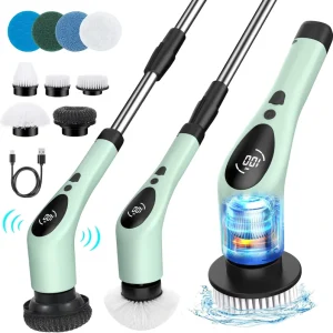 Electric Spin Scrubber with 9 Brush Heads and Extension Handle for Bathroom Cleaning