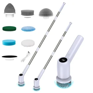Electric Spin Scrubber with Long Handle, 7 Replaceable Brush Heads, 2 Speeds, and LED