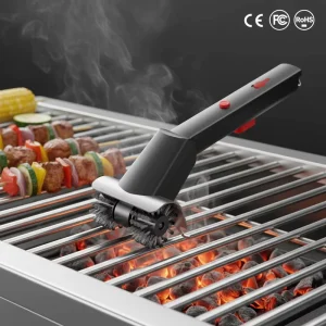 Electric Sprayable Barbecue Cleaning Brush with Long Handle, Double Wheel and Stainless Steel Wire Bristles