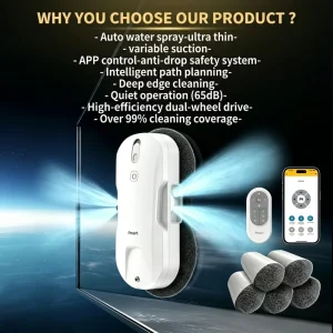 Electric Ultra-Thin Window Cleaning Robot with 2600-3800Pa Variable Suction, 100ml 4-Nozzle Spray for Car and Narrow-Gap Glass