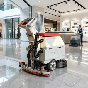 Electric Walk-Behind Floor Scrubber Machine with 720mm Brush Width, Battery Power, and 2300 m²/h Capacity