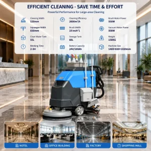 Electric Walk Behind Industrial Floor Scrubber with High-Pressure Cleaner and Burnishing Function