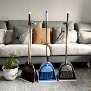 Enlarged Extendable Broom and Dustpan Set with Hard Nylon Bristles and Stainless Steel Plastic Handle
