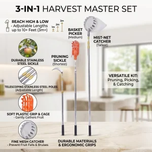 Extendable Fruit Picker Pole Saw Telescopic Gardening Tool Set With Secateurs and Pruning Scissors High Reach Tree Harvesting
