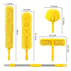 Extendable Long Handle Duster Set Aluminum Telescopic Pole Microfiber Head for High Windows and Ceilings