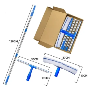 Extendable Stainless Steel Squeegee with Rubber and Microfiber for Window Cleaning Includes 120 cm Pole and 2 Mop Head