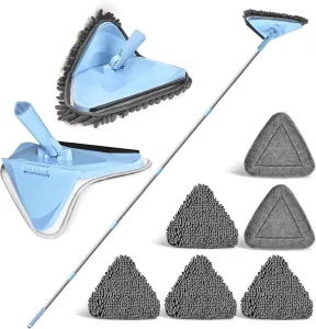 Extendable Triangle Rotating Mop with Squeegee and Microfiber Chenille Pads for Walls and Ceilings
