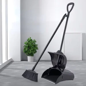 FF5765 Indoor Outdoor Soft Bristle Floor Sweeping Broom and Dustpan Set, Foldable Stand-Up Design
