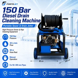 FORTEJET Diesel Powered Sewer Jetter 150Bar 30L min 2175PSI Jetter for 2 12 Inch Pipe