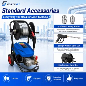 FORTEJET Electric Reel Sewer Jetter 150bar 18L min High Pressure Jetter for Drain Service