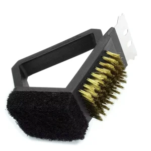 Factory 3-in-1 BBQ Cleaning Brush with Wire Brush Scraper Curved Handle and Scouring Pad
