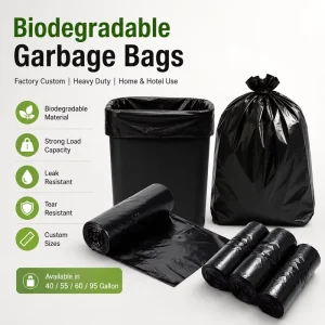 Factory-Customized PBAT Biodegradable Trash Bags 40/55/60/95 Gallon Large Sizes Black for Hotels Homes & Kitchens