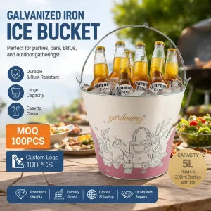 Factory Direct Low MOQ 100pcs Galvanized Ice Bucket 5L Metal Drink Cooler Bucket for Beer Holds 6 Bottles Promotional Gift
