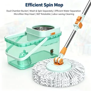 Factory Direct Supply Efficient Spin Mop Kit with Clear Bucket Microfiber Pad 360° Rotating Head for Deep Floor Cleaning