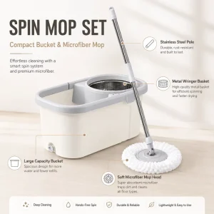 Factory Price Spin Mop and Bucket Set with Stainless Steel Pole Metal Wringer Basket Microfiber Mop Head Large Capacity