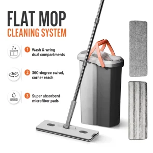 Flat Mop Cleaning System with Dual Compartments, Wash and Wring Functions, and Microfiber Pads