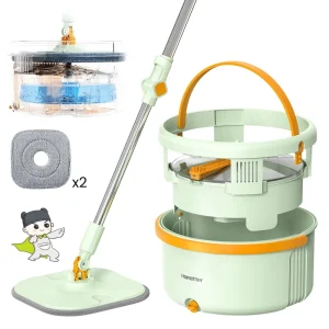 Flat Mop with Bucket Dual Chamber Dirty Water and Clean Water Self Separation with Reusable Mop Pads for Big Families