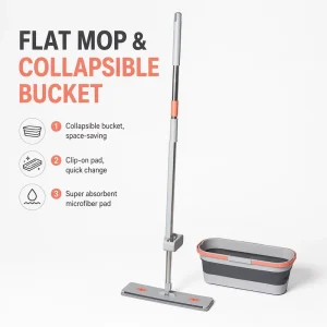 Flat Mop with Collapsible Bucket, Quick-Change Microfiber Pad, and Telescopic Stainless Steel Handle