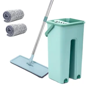 Flat Squeeze Mop Bucket with Hands-Free Floor Wash, Microfiber Mop Pads, Stainless Steel Pole, Hardwood Floor Cleaning Tools