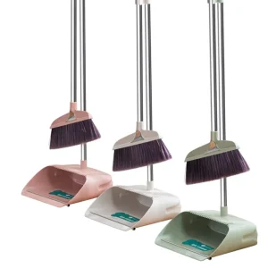 Flexible Soft Brush Portable Upright Broom and Dustpan Set with Stainless Steel Handle