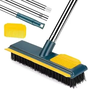 Floor Scrub Brush Long Handle Stiff Bristle 2 in 1 Shower Scrubber with Squeegee Broom Scrubbing Garage Kitchen Wall Tile Grout