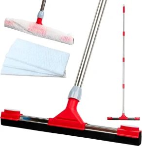 Floor Squeegee Scrubber with Extendable 62inch Stainless Steel Handle 17.3 EVA Foam Blade Concrete Tile Patio Pool Shower Uneven