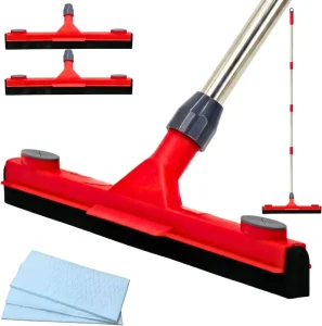 Floor Squeegee with 2 Replaceable Heads Extendable 62inch Stainless Steel Handle EVA Foam Blade Red YMX 009 for Cleaning