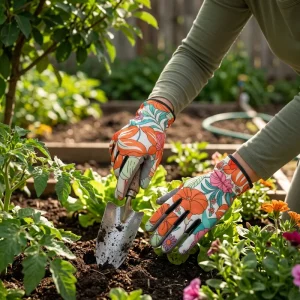 Floral Garden Work Gloves Full-Finger UV Protection Non-Slip Printed Fabric Back Gray Palm for Planting and Pruning