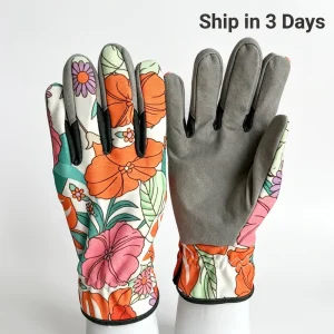 Floral Print Gardening Gloves Full-Finger Fabric Back Gray Palm for Yard Care and Planting