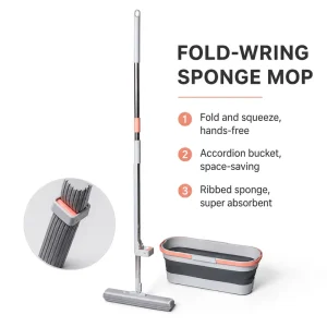 Fold and Squeeze Sponge Mop Hands Free Accordion Collapsible Bucket Ribbed Sponge Super Absorbent Telescopic Handle for Home