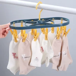 Foldable Clothes Hanger with Sock Clips, Drying Rack, and 360-Degree Rotatable Hook for Gloves, Bras, Towels, and Underwear