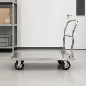 Foldable Handle Stainless Steel Single Layer Platform Trolley with Swivel Wheels for Warehouse Storage