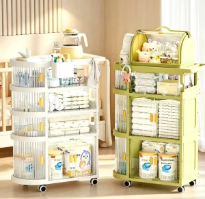 Foldable Multi Layer Baby Rolling Storage Cart Transparent Dustproof Cover for Nursery Toys Household Bedroom Sundries Shelf