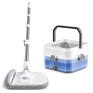 Foldable Spin Mop and Bucket Set with Clean and Dirty Water Separation, Spray Scraper, and Brush