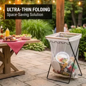 Folding Iron Wood Trash Rack Wooden Handle Portable Bag Holder Stand Camping Outdoor Kitchen Household Garden Storage