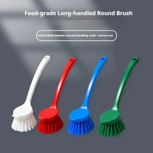 Food-Grade Long-Handle Dish Brush with Round Scrubber and Scraper for Commercial Kitchen Pot and Pan Cleaning